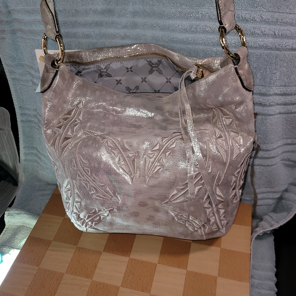 Shimmery Pale Pink Embroidered Hobo Bag